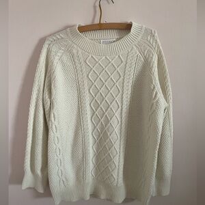 Oversized Cable Knit Fisherman Pullover Sweater Women's Medium Cream Crew Neck